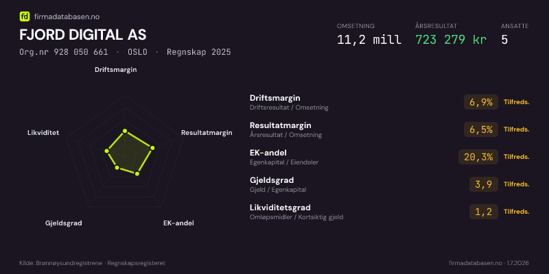 Økonomisk helseprofil for FJORD DIGITAL AS (Org.nr 928 050 661) i OSLO. Omsetning 11,2 mill, årsresultat 723 279 kr, driftsmargin 6,9 %, resultatmargin 6,5 %, EK-andel 20,3 %, gjeldsgrad 3,9, likviditetsgrad 1,2. Regnskap 2025. Kilde: firmadatabasen.no
