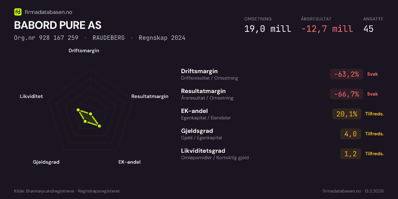 Økonomisk helseprofil for BABORD PURE AS (Org.nr 928 167 259) i RAUDEBERG. Omsetning 19,0 mill, årsresultat −12,7 mill, driftsmargin -63,2 %, resultatmargin -66,7 %, EK-andel 20,1 %, gjeldsgrad 4,0, likviditetsgrad 1,2. Regnskap 2024. Kilde: firmadatabasen.no