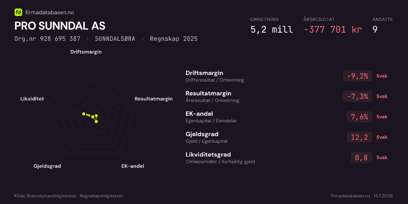 Økonomisk helseprofil for PRO SUNNDAL AS (Org.nr 928 695 387) i SUNNDALSØRA. Omsetning 5,2 mill, årsresultat −377 701 kr, driftsmargin -9,2 %, resultatmargin -7,3 %, EK-andel 7,6 %, gjeldsgrad 12,2, likviditetsgrad 0,8. Regnskap 2025. Kilde: firmadatabasen.no