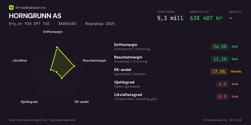 Økonomisk helseprofil for HORNGRUNN AS (Org.nr 928 897 745) i SKARSVÅG. Omsetning 5,3 mill, årsresultat 638 407 kr, driftsmargin 24,5 %, resultatmargin 12,1 %, EK-andel 17,0 %, gjeldsgrad 4,9, likviditetsgrad 0,9. Regnskap 2025. Kilde: firmadatabasen.no