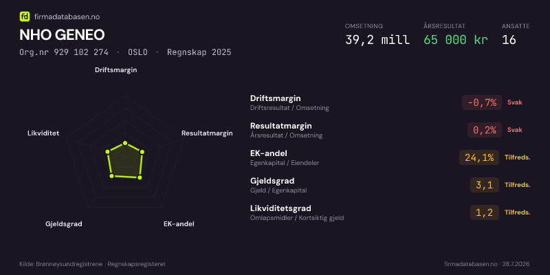 Økonomisk helseprofil for NHO GENEO (Org.nr 929 102 274) i OSLO. Omsetning 39,2 mill, årsresultat 65 000 kr, driftsmargin -0,7 %, resultatmargin 0,2 %, EK-andel 24,1 %, gjeldsgrad 3,1, likviditetsgrad 1,2. Regnskap 2025. Kilde: firmadatabasen.no