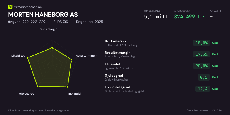 Økonomisk helseprofil for MORTEN HANEBORG AS (Org.nr 929 222 229) i AURSKOG. Omsetning 5,1 mill, årsresultat 874 499 kr, driftsmargin 18,0 %, resultatmargin 17,3 %, EK-andel 90,0 %, gjeldsgrad 0,1, likviditetsgrad 12,4. Regnskap 2025. Kilde: firmadatabasen.no