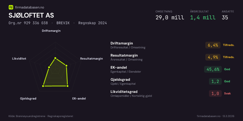 Økonomisk helseprofil for SJØLOFTET AS (Org.nr 929 336 038) i BREVIK. Omsetning 29,0 mill, årsresultat 1,4 mill, driftsmargin 6,4 %, resultatmargin 4,9 %, EK-andel 45,6 %, gjeldsgrad 1,2, likviditetsgrad 1,0. Regnskap 2024. Kilde: firmadatabasen.no