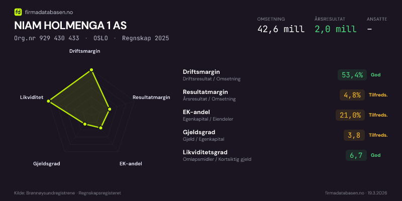 Økonomisk helseprofil for NIAM HOLMENGA 1 AS (Org.nr 929 430 433) i OSLO. Omsetning 42,6 mill, årsresultat 2,0 mill, driftsmargin 53,4 %, resultatmargin 4,8 %, EK-andel 21,0 %, gjeldsgrad 3,8, likviditetsgrad 6,7. Regnskap 2025. Kilde: firmadatabasen.no