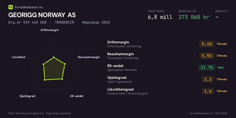 Økonomisk helseprofil for GEORIGG NORWAY AS (Org.nr 929 445 058) i TRONDHEIM. Omsetning 6,8 mill, årsresultat 373 060 kr, driftsmargin 5,4 %, resultatmargin 5,5 %, EK-andel 31,7 %, gjeldsgrad 2,2, likviditetsgrad 1,6. Regnskap 2025. Kilde: firmadatabasen.no