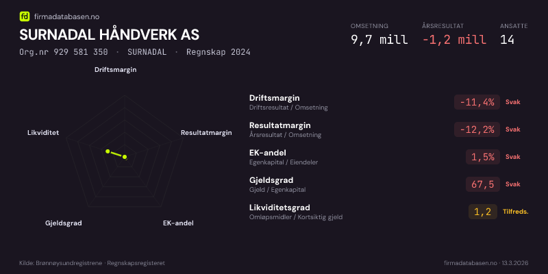 Økonomisk helseprofil for SURNADAL HÅNDVERK AS (Org.nr 929 581 350) i SURNADAL. Omsetning 9,7 mill, årsresultat −1,2 mill, driftsmargin -11,4 %, resultatmargin -12,2 %, EK-andel 1,5 %, gjeldsgrad 67,5, likviditetsgrad 1,2. Regnskap 2024. Kilde: firmadatabasen.no