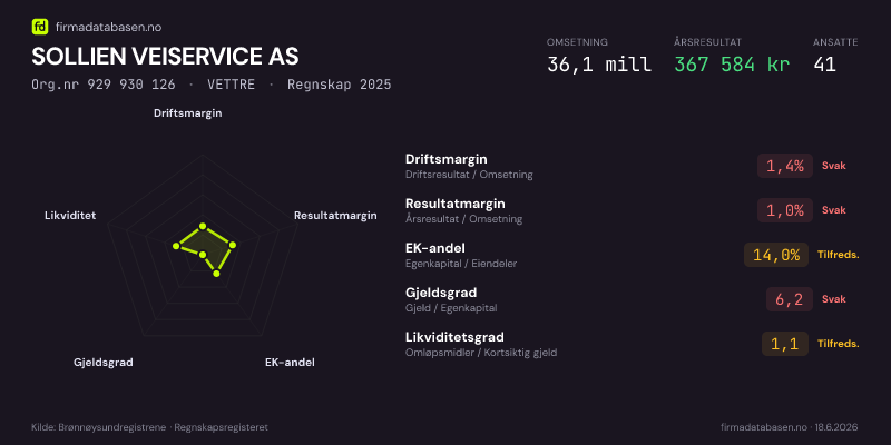 Økonomisk helseprofil for SOLLIEN VEISERVICE AS (Org.nr 929 930 126) i VETTRE. Omsetning 36,1 mill, årsresultat 367 584 kr, driftsmargin 1,4 %, resultatmargin 1,0 %, EK-andel 14,0 %, gjeldsgrad 6,2, likviditetsgrad 1,1. Regnskap 2025. Kilde: firmadatabasen.no