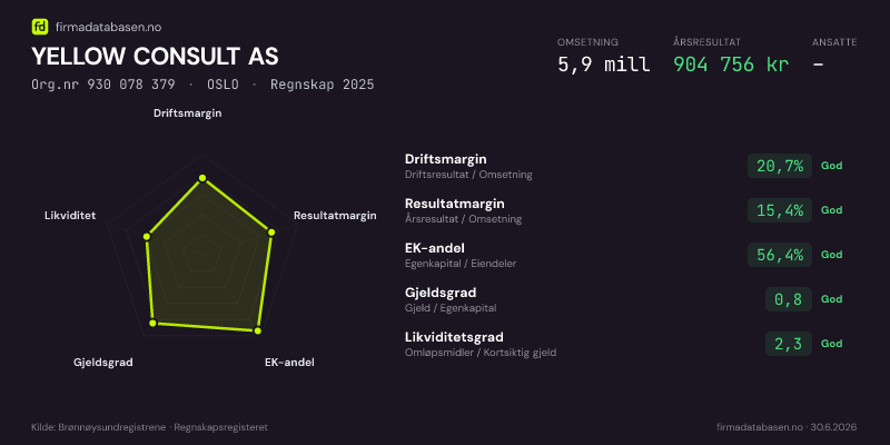 Økonomisk helseprofil for YELLOW CONSULT AS (Org.nr 930 078 379) i OSLO. Omsetning 5,9 mill, årsresultat 904 756 kr, driftsmargin 20,7 %, resultatmargin 15,4 %, EK-andel 56,4 %, gjeldsgrad 0,8, likviditetsgrad 2,3. Regnskap 2025. Kilde: firmadatabasen.no