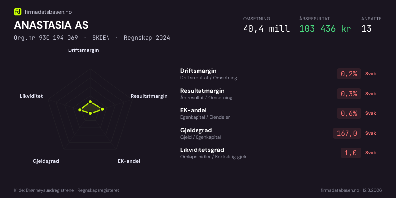 Økonomisk helseprofil for ANASTASIA AS (Org.nr 930 194 069) i SKIEN. Omsetning 40,4 mill, årsresultat 103 436 kr, driftsmargin 0,2 %, resultatmargin 0,3 %, EK-andel 0,6 %, gjeldsgrad 167,0, likviditetsgrad 1,0. Regnskap 2024. Kilde: firmadatabasen.no
