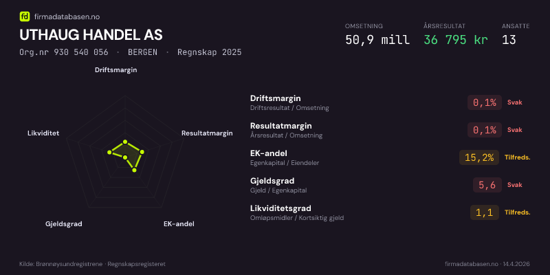 Økonomisk helseprofil for UTHAUG HANDEL AS (Org.nr 930 540 056) i BERGEN. Omsetning 50,9 mill, årsresultat 36 795 kr, driftsmargin 0,1 %, resultatmargin 0,1 %, EK-andel 15,2 %, gjeldsgrad 5,6, likviditetsgrad 1,1. Regnskap 2025. Kilde: firmadatabasen.no