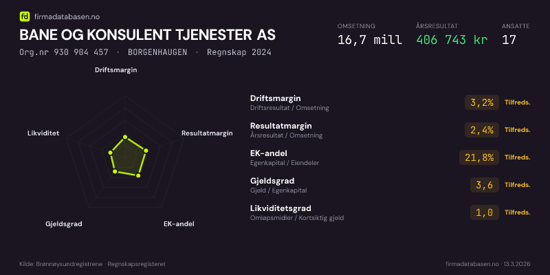 Økonomisk helseprofil for BANE OG KONSULENT TJENESTER AS (Org.nr 930 904 457) i BORGENHAUGEN. Omsetning 16,7 mill, årsresultat 406 743 kr, driftsmargin 3,2 %, resultatmargin 2,4 %, EK-andel 21,8 %, gjeldsgrad 3,6, likviditetsgrad 1,0. Regnskap 2024. Kilde: firmadatabasen.no