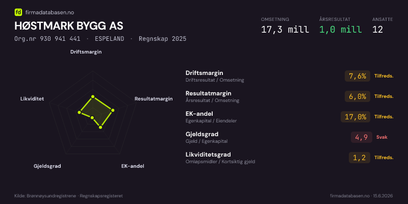 Økonomisk helseprofil for HØSTMARK BYGG AS (Org.nr 930 941 441) i ESPELAND. Omsetning 17,3 mill, årsresultat 1,0 mill, driftsmargin 7,6 %, resultatmargin 6,0 %, EK-andel 17,0 %, gjeldsgrad 4,9, likviditetsgrad 1,2. Regnskap 2025. Kilde: firmadatabasen.no