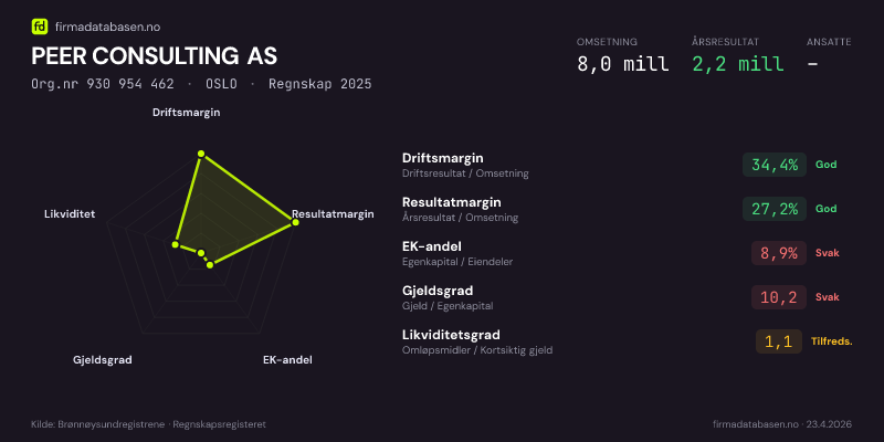 Økonomisk helseprofil for PEER CONSULTING AS (Org.nr 930 954 462) i OSLO. Omsetning 8,0 mill, årsresultat 2,2 mill, driftsmargin 34,4 %, resultatmargin 27,2 %, EK-andel 8,9 %, gjeldsgrad 10,2, likviditetsgrad 1,1. Regnskap 2025. Kilde: firmadatabasen.no