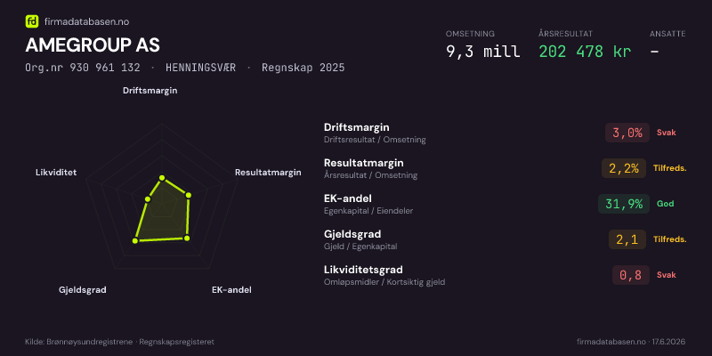 Økonomisk helseprofil for AMEGROUP AS (Org.nr 930 961 132) i HENNINGSVÆR. Omsetning 9,3 mill, årsresultat 202 478 kr, driftsmargin 3,0 %, resultatmargin 2,2 %, EK-andel 31,9 %, gjeldsgrad 2,1, likviditetsgrad 0,8. Regnskap 2025. Kilde: firmadatabasen.no