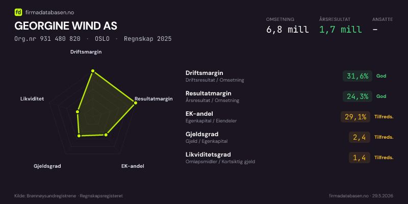 Økonomisk helseprofil for GEORGINE WIND AS (Org.nr 931 480 820) i OSLO. Omsetning 6,8 mill, årsresultat 1,7 mill, driftsmargin 31,6 %, resultatmargin 24,3 %, EK-andel 29,1 %, gjeldsgrad 2,4, likviditetsgrad 1,4. Regnskap 2025. Kilde: firmadatabasen.no