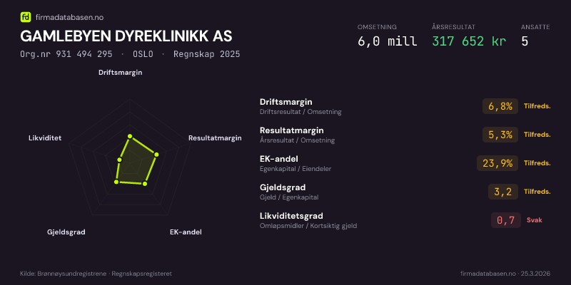 Økonomisk helseprofil for GAMLEBYEN DYREKLINIKK AS (Org.nr 931 494 295) i OSLO. Omsetning 6,0 mill, årsresultat 317 652 kr, driftsmargin 6,8 %, resultatmargin 5,3 %, EK-andel 23,9 %, gjeldsgrad 3,2, likviditetsgrad 0,7. Regnskap 2025. Kilde: firmadatabasen.no