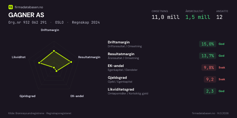 Økonomisk helseprofil for GAGNER AS (Org.nr 932 062 291) i OSLO. Omsetning 11,0 mill, årsresultat 1,5 mill, driftsmargin 15,0 %, resultatmargin 13,7 %, EK-andel 9,8 %, gjeldsgrad 9,2, likviditetsgrad 2,3. Regnskap 2024. Kilde: firmadatabasen.no
