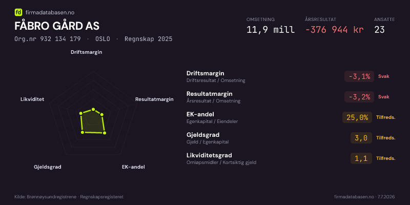 Økonomisk helseprofil for FÅBRO GÅRD AS (Org.nr 932 134 179) i OSLO. Omsetning 11,9 mill, årsresultat −376 944 kr, driftsmargin -3,1 %, resultatmargin -3,2 %, EK-andel 25,0 %, gjeldsgrad 3,0, likviditetsgrad 1,1. Regnskap 2025. Kilde: firmadatabasen.no