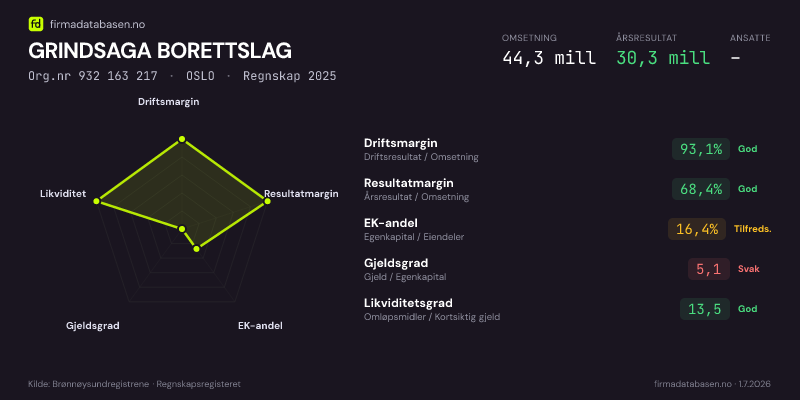 Økonomisk helseprofil for GRINDSAGA BORETTSLAG (Org.nr 932 163 217) i OSLO. Omsetning 44,3 mill, årsresultat 30,3 mill, driftsmargin 93,1 %, resultatmargin 68,4 %, EK-andel 16,4 %, gjeldsgrad 5,1, likviditetsgrad 13,5. Regnskap 2025. Kilde: firmadatabasen.no