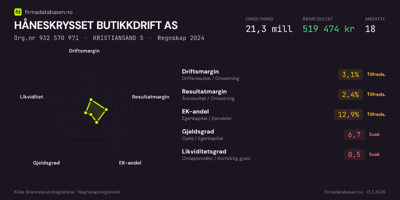 Økonomisk helseprofil for HÅNESKRYSSET BUTIKKDRIFT AS (Org.nr 932 570 971) i KRISTIANSAND S. Omsetning 21,3 mill, årsresultat 519 474 kr, driftsmargin 3,1 %, resultatmargin 2,4 %, EK-andel 12,9 %, gjeldsgrad 6,7, likviditetsgrad 0,5. Regnskap 2024. Kilde: firmadatabasen.no