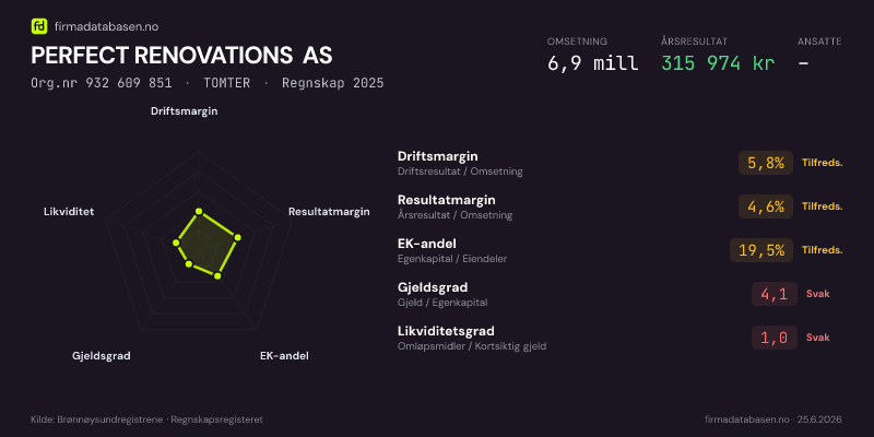 Økonomisk helseprofil for PERFECT RENOVATIONS AS (Org.nr 932 609 851) i TOMTER. Omsetning 6,9 mill, årsresultat 315 974 kr, driftsmargin 5,8 %, resultatmargin 4,6 %, EK-andel 19,5 %, gjeldsgrad 4,1, likviditetsgrad 1,0. Regnskap 2025. Kilde: firmadatabasen.no