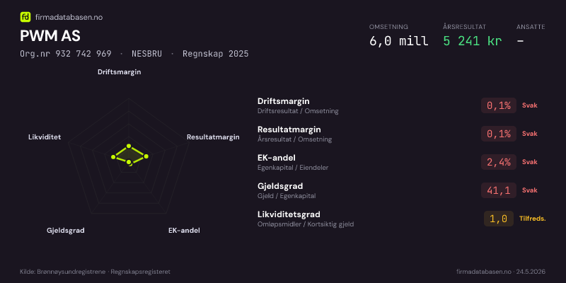 Økonomisk helseprofil for PWM AS (Org.nr 932 742 969) i NESBRU. Omsetning 6,0 mill, årsresultat 5 241 kr, driftsmargin 0,1 %, resultatmargin 0,1 %, EK-andel 2,4 %, gjeldsgrad 41,1, likviditetsgrad 1,0. Regnskap 2025. Kilde: firmadatabasen.no