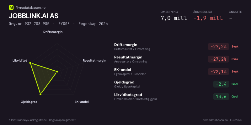 Økonomisk helseprofil for JOBBLINK.AI AS (Org.nr 932 788 985) i RYGGE. Omsetning 7,0 mill, årsresultat −1,9 mill, driftsmargin -27,2 %, resultatmargin -27,2 %, EK-andel -72,1 %, gjeldsgrad -2,4, likviditetsgrad 13,6. Regnskap 2024. Kilde: firmadatabasen.no