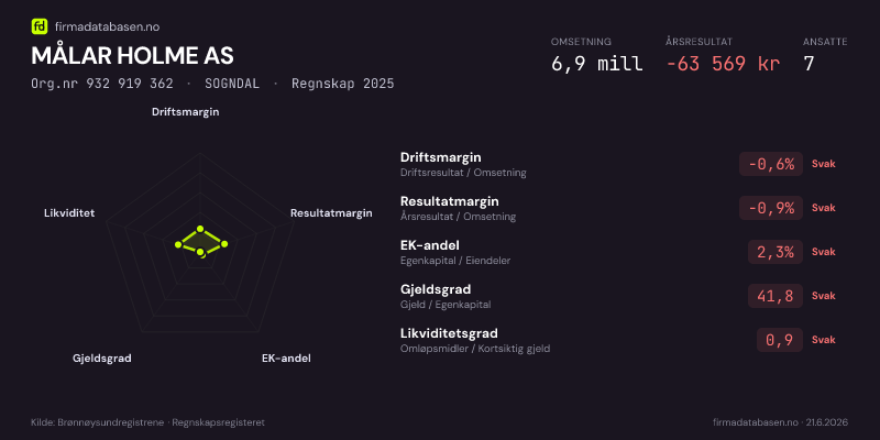 Økonomisk helseprofil for MÅLAR HOLME AS (Org.nr 932 919 362) i SOGNDAL. Omsetning 6,9 mill, årsresultat −63 569 kr, driftsmargin -0,6 %, resultatmargin -0,9 %, EK-andel 2,3 %, gjeldsgrad 41,8, likviditetsgrad 0,9. Regnskap 2025. Kilde: firmadatabasen.no