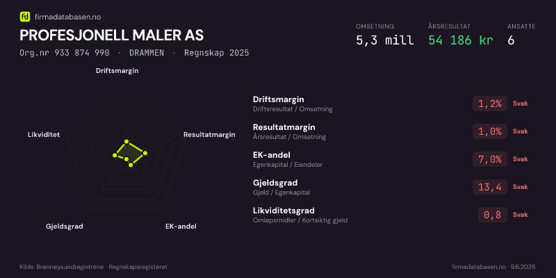 Økonomisk helseprofil for PROFESJONELL MALER AS (Org.nr 933 874 990) i DRAMMEN. Omsetning 5,3 mill, årsresultat 54 186 kr, driftsmargin 1,2 %, resultatmargin 1,0 %, EK-andel 7,0 %, gjeldsgrad 13,4, likviditetsgrad 0,8. Regnskap 2025. Kilde: firmadatabasen.no