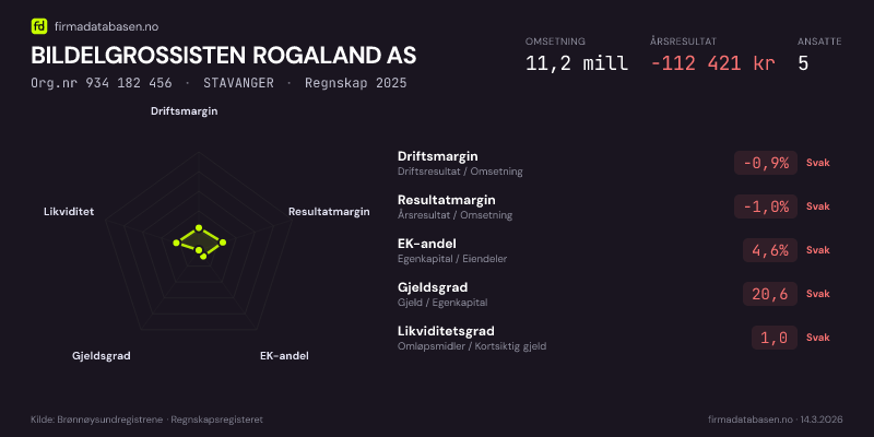 Økonomisk helseprofil for BILDELGROSSISTEN ROGALAND AS (Org.nr 934 182 456) i STAVANGER. Omsetning 11,2 mill, årsresultat −112 421 kr, driftsmargin -0,9 %, resultatmargin -1,0 %, EK-andel 4,6 %, gjeldsgrad 20,6, likviditetsgrad 1,0. Regnskap 2025. Kilde: firmadatabasen.no