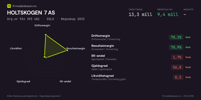 Økonomisk helseprofil for HOLTSKOGEN 7 AS (Org.nr 934 393 481) i OSLO. Omsetning 13,3 mill, årsresultat 9,4 mill, driftsmargin 78,2 %, resultatmargin 70,9 %, EK-andel 1,7 %, gjeldsgrad 56,8, likviditetsgrad 0,2. Regnskap 2025. Kilde: firmadatabasen.no
