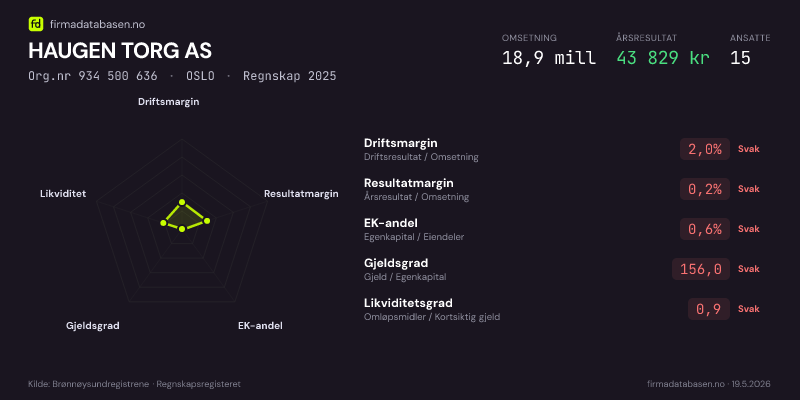 Økonomisk helseprofil for HAUGEN TORG AS (Org.nr 934 500 636) i OSLO. Omsetning 18,9 mill, årsresultat 43 829 kr, driftsmargin 2,0 %, resultatmargin 0,2 %, EK-andel 0,6 %, gjeldsgrad 156,0, likviditetsgrad 0,9. Regnskap 2025. Kilde: firmadatabasen.no