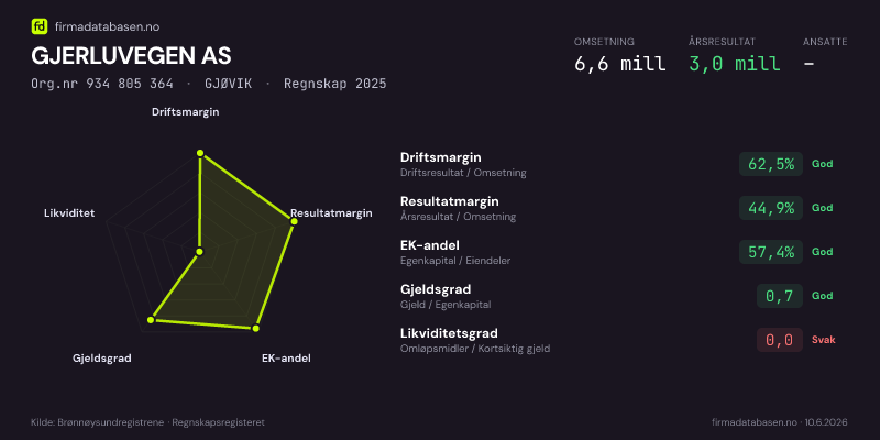 Økonomisk helseprofil for GJERLUVEGEN AS (Org.nr 934 805 364) i GJØVIK. Omsetning 6,6 mill, årsresultat 3,0 mill, driftsmargin 62,5 %, resultatmargin 44,9 %, EK-andel 57,4 %, gjeldsgrad 0,7, likviditetsgrad 0,0. Regnskap 2025. Kilde: firmadatabasen.no