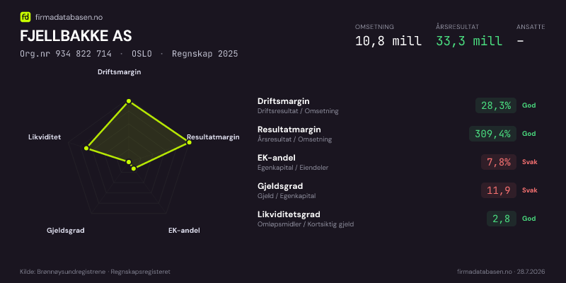 Økonomisk helseprofil for FJELLBAKKE AS (Org.nr 934 822 714) i OSLO. Omsetning 10,8 mill, årsresultat 33,3 mill, driftsmargin 28,3 %, resultatmargin 309,4 %, EK-andel 7,8 %, gjeldsgrad 11,9, likviditetsgrad 2,8. Regnskap 2025. Kilde: firmadatabasen.no