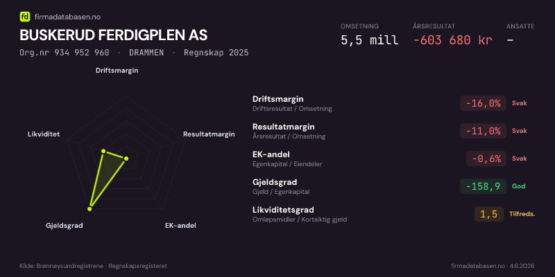 Økonomisk helseprofil for BUSKERUD FERDIGPLEN AS (Org.nr 934 952 960) i DRAMMEN. Omsetning 5,5 mill, årsresultat −603 680 kr, driftsmargin -16,0 %, resultatmargin -11,0 %, EK-andel -0,6 %, gjeldsgrad -158,9, likviditetsgrad 1,5. Regnskap 2025. Kilde: firmadatabasen.no