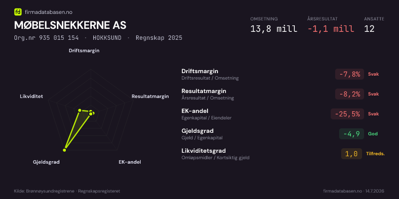 Økonomisk helseprofil for MØBELSNEKKERNE AS (Org.nr 935 015 154) i HOKKSUND. Omsetning 13,8 mill, årsresultat −1,1 mill, driftsmargin -7,8 %, resultatmargin -8,2 %, EK-andel -25,5 %, gjeldsgrad -4,9, likviditetsgrad 1,0. Regnskap 2025. Kilde: firmadatabasen.no