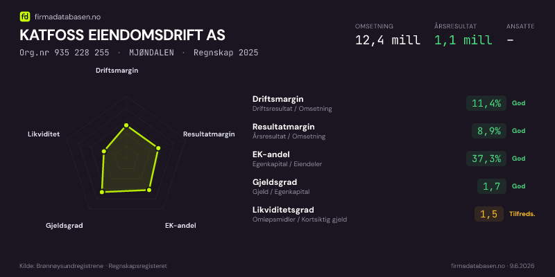 Økonomisk helseprofil for KATFOSS EIENDOMSDRIFT AS (Org.nr 935 228 255) i MJØNDALEN. Omsetning 12,4 mill, årsresultat 1,1 mill, driftsmargin 11,4 %, resultatmargin 8,9 %, EK-andel 37,3 %, gjeldsgrad 1,7, likviditetsgrad 1,5. Regnskap 2025. Kilde: firmadatabasen.no