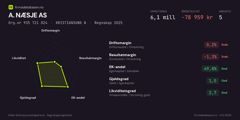 Økonomisk helseprofil for A. NÆSJE AS (Org.nr 935 721 024) i KRISTIANSUND N. Omsetning 6,1 mill, årsresultat −78 959 kr, driftsmargin 0,2 %, resultatmargin -1,3 %, EK-andel 49,8 %, gjeldsgrad 1,0, likviditetsgrad 2,7. Regnskap 2025. Kilde: firmadatabasen.no
