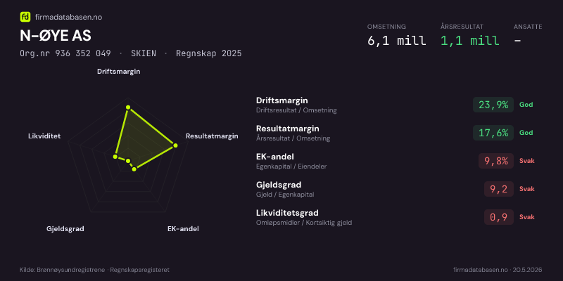 Økonomisk helseprofil for N-ØYE AS (Org.nr 936 352 049) i SKIEN. Omsetning 6,1 mill, årsresultat 1,1 mill, driftsmargin 23,9 %, resultatmargin 17,6 %, EK-andel 9,8 %, gjeldsgrad 9,2, likviditetsgrad 0,9. Regnskap 2025. Kilde: firmadatabasen.no