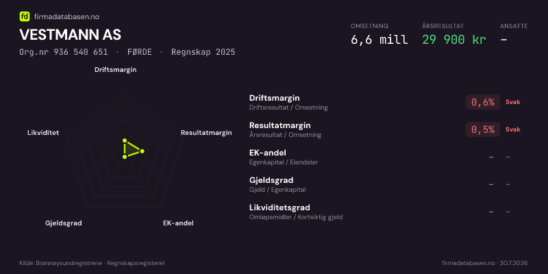 Økonomisk helseprofil for VESTMANN AS (Org.nr 936 540 651) i FØRDE. Omsetning 6,6 mill, årsresultat 29 900 kr, driftsmargin 0,6 %, resultatmargin 0,5 %, EK-andel –, gjeldsgrad –, likviditetsgrad –. Regnskap 2025. Kilde: firmadatabasen.no