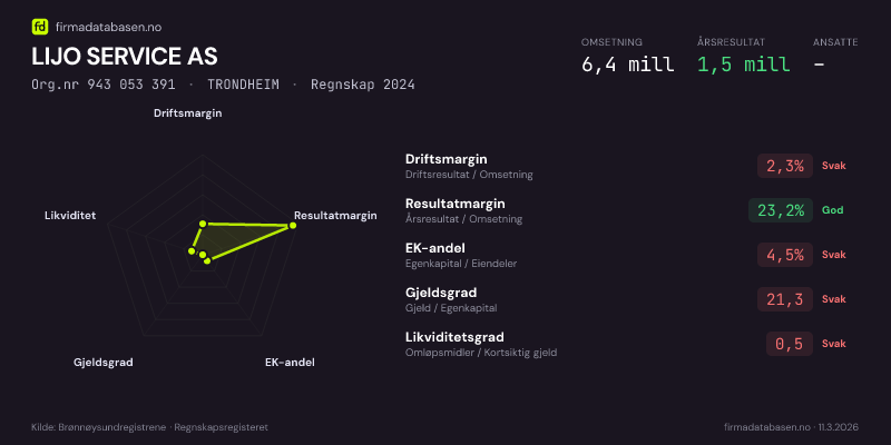 Økonomisk helseprofil for LIJO SERVICE AS (Org.nr 943 053 391) i TRONDHEIM. Omsetning 6,4 mill, årsresultat 1,5 mill, driftsmargin 2,3 %, resultatmargin 23,2 %, EK-andel 4,5 %, gjeldsgrad 21,3, likviditetsgrad 0,5. Regnskap 2024. Kilde: firmadatabasen.no