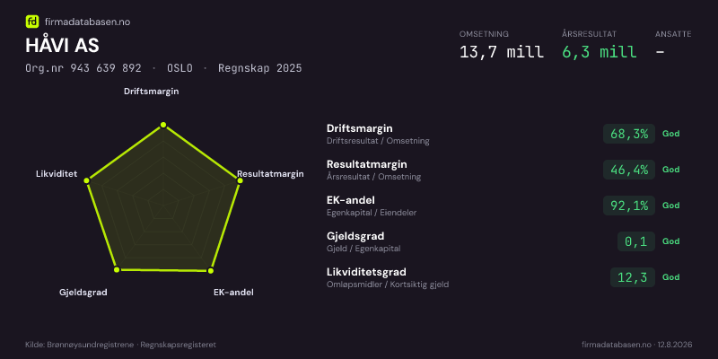 Økonomisk helseprofil for HÅVI AS (Org.nr 943 639 892) i OSLO. Omsetning 13,7 mill, årsresultat 6,3 mill, driftsmargin 68,3 %, resultatmargin 46,4 %, EK-andel 92,1 %, gjeldsgrad 0,1, likviditetsgrad 12,3. Regnskap 2025. Kilde: firmadatabasen.no