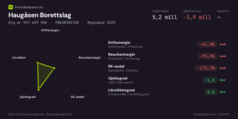 Økonomisk helseprofil for Haugåsen Borettslag (Org.nr 947 659 960) i FREDRIKSTAD. Omsetning 5,2 mill, årsresultat −3,9 mill, driftsmargin -41,9 %, resultatmargin -75,9 %, EK-andel -173,7 %, gjeldsgrad -1,6, likviditetsgrad 2,6. Regnskap 2025. Kilde: firmadatabasen.no