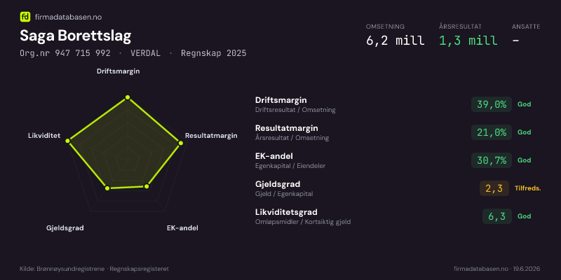Økonomisk helseprofil for Saga Borettslag (Org.nr 947 715 992) i VERDAL. Omsetning 6,2 mill, årsresultat 1,3 mill, driftsmargin 39,0 %, resultatmargin 21,0 %, EK-andel 30,7 %, gjeldsgrad 2,3, likviditetsgrad 6,3. Regnskap 2025. Kilde: firmadatabasen.no