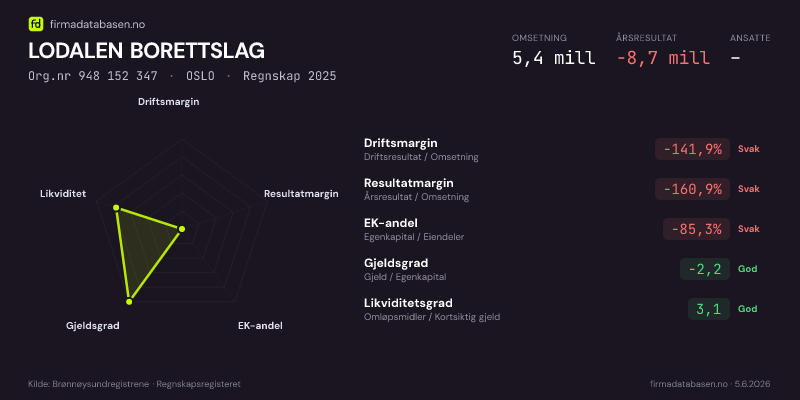 Økonomisk helseprofil for LODALEN BORETTSLAG (Org.nr 948 152 347) i OSLO. Omsetning 5,4 mill, årsresultat −8,7 mill, driftsmargin -141,9 %, resultatmargin -160,9 %, EK-andel -85,3 %, gjeldsgrad -2,2, likviditetsgrad 3,1. Regnskap 2025. Kilde: firmadatabasen.no