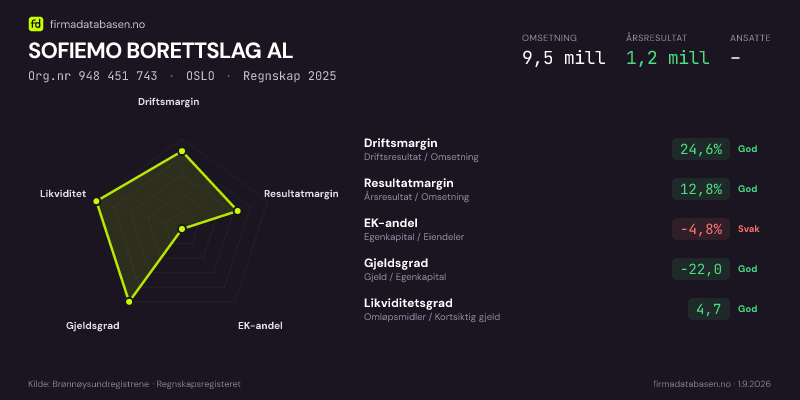 Økonomisk helseprofil for SOFIEMO BORETTSLAG AL (Org.nr 948 451 743) i OSLO. Omsetning 9,5 mill, årsresultat 1,2 mill, driftsmargin 24,6 %, resultatmargin 12,8 %, EK-andel -4,8 %, gjeldsgrad -22,0, likviditetsgrad 4,7. Regnskap 2025. Kilde: firmadatabasen.no