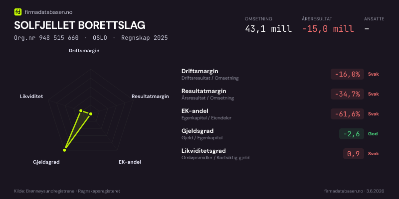 Økonomisk helseprofil for SOLFJELLET BORETTSLAG (Org.nr 948 515 660) i OSLO. Omsetning 43,1 mill, årsresultat −15,0 mill, driftsmargin -16,0 %, resultatmargin -34,7 %, EK-andel -61,6 %, gjeldsgrad -2,6, likviditetsgrad 0,9. Regnskap 2025. Kilde: firmadatabasen.no