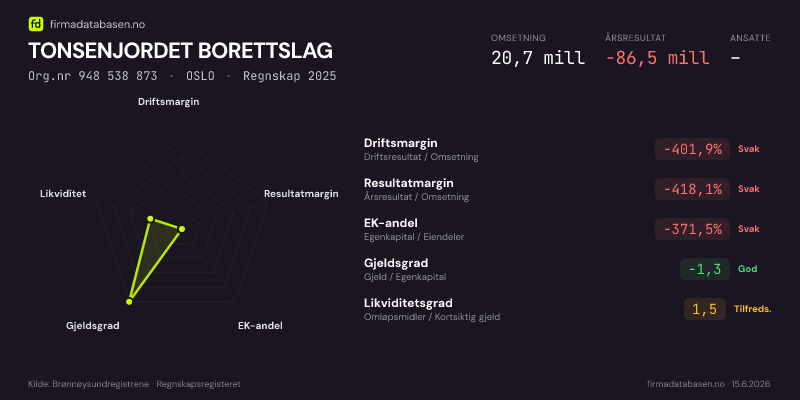 Økonomisk helseprofil for TONSENJORDET BORETTSLAG (Org.nr 948 538 873) i OSLO. Omsetning 20,7 mill, årsresultat −86,5 mill, driftsmargin -401,9 %, resultatmargin -418,1 %, EK-andel -371,5 %, gjeldsgrad -1,3, likviditetsgrad 1,5. Regnskap 2025. Kilde: firmadatabasen.no