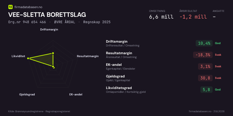 Økonomisk helseprofil for VEE-SLETTA BORETTSLAG (Org.nr 948 654 466) i ØVRE ÅRDAL. Omsetning 6,6 mill, årsresultat −1,2 mill, driftsmargin 10,4 %, resultatmargin -18,3 %, EK-andel 3,1 %, gjeldsgrad 30,8, likviditetsgrad 5,8. Regnskap 2025. Kilde: firmadatabasen.no