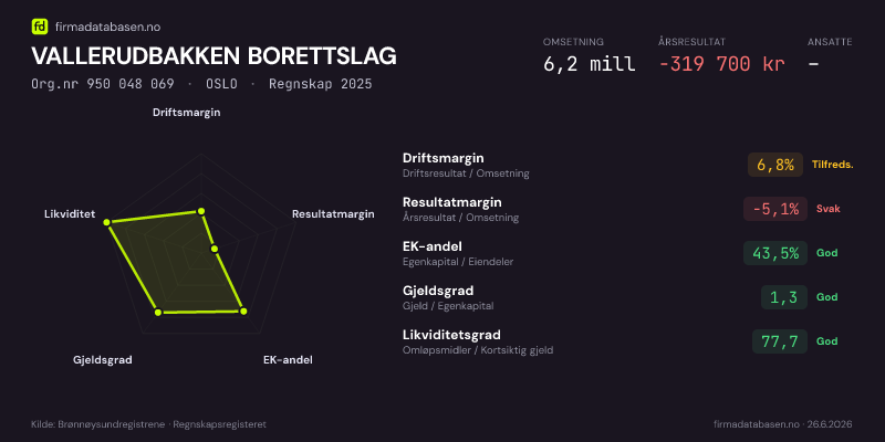 Økonomisk helseprofil for VALLERUDBAKKEN BORETTSLAG (Org.nr 950 048 069) i OSLO. Omsetning 6,2 mill, årsresultat −319 700 kr, driftsmargin 6,8 %, resultatmargin -5,1 %, EK-andel 43,5 %, gjeldsgrad 1,3, likviditetsgrad 77,7. Regnskap 2025. Kilde: firmadatabasen.no